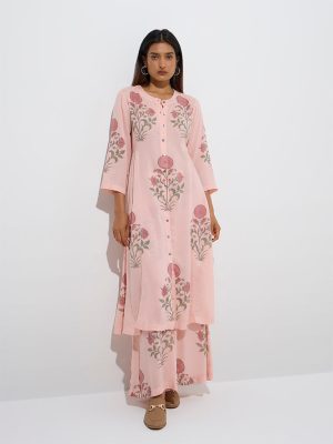 Zuba Peach Floral Buta Design A-Line Kurta