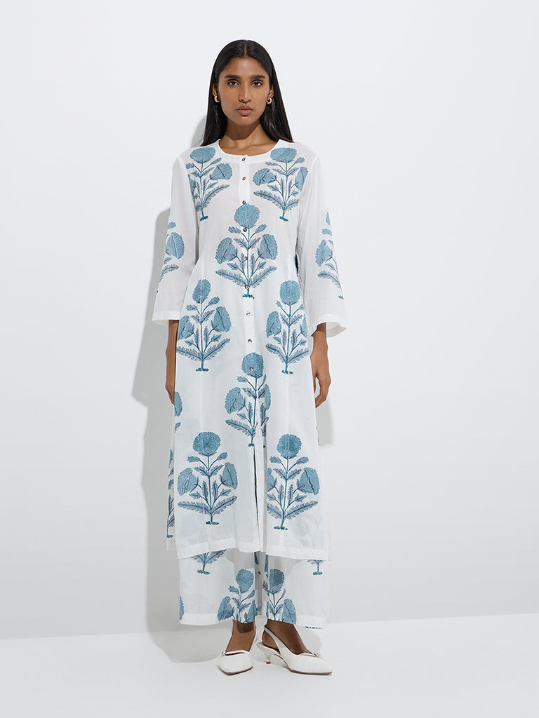 Zuba White Mughal Butta Patterned A-Line Kurta