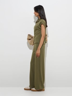 LOV Olive Solid High-Rise Pants