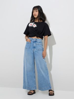 LOV Black Floral Printed Cotton T-Shirt