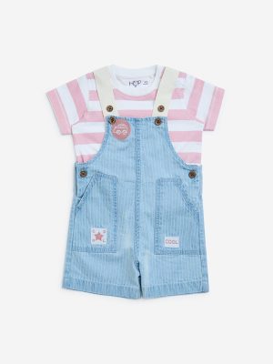 HOP Baby Blue Cotton Dungaree with Striped T-Shirt Set
