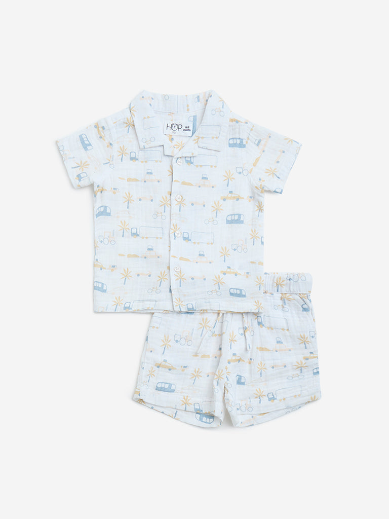HOP Baby White Printed Cotton Shirt with Shorts Set