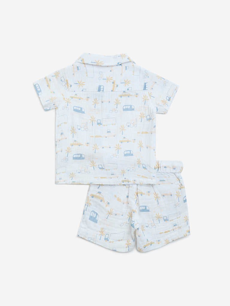 HOP Baby White Printed Cotton Shirt with Shorts Set - Image 2