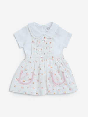 HOP Baby White Floral Design Cotton Pinafore and T-Shirt Set