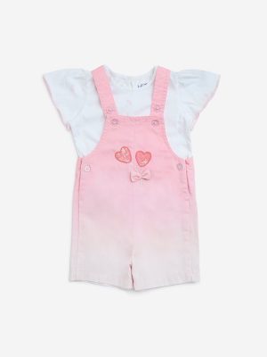 HOP Baby Pink Ombre-Finish Cotton Dungaree with Top Set