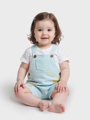 HOP Baby Blue Car Printed Cotton Dungaree with T-Shirt Set