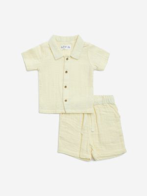 HOP Baby Yellow Textured Cotton Shirt with Shorts Set