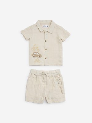 HOP Baby Beige Embroidered Cotton Shirt and Shorts Set