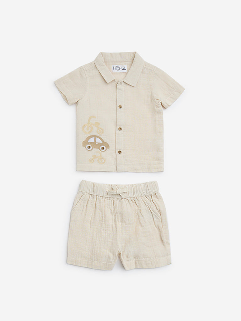 HOP Baby Beige Embroidered Cotton Shirt and Shorts Set