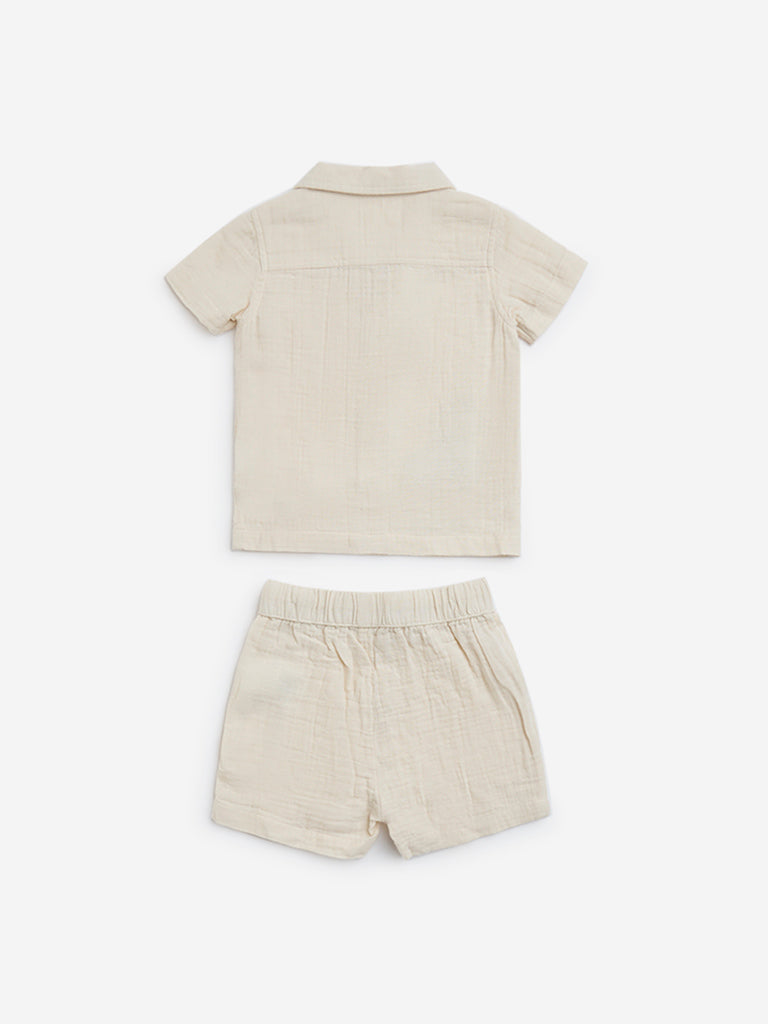 HOP Baby Beige Embroidered Cotton Shirt and Shorts Set - Image 2