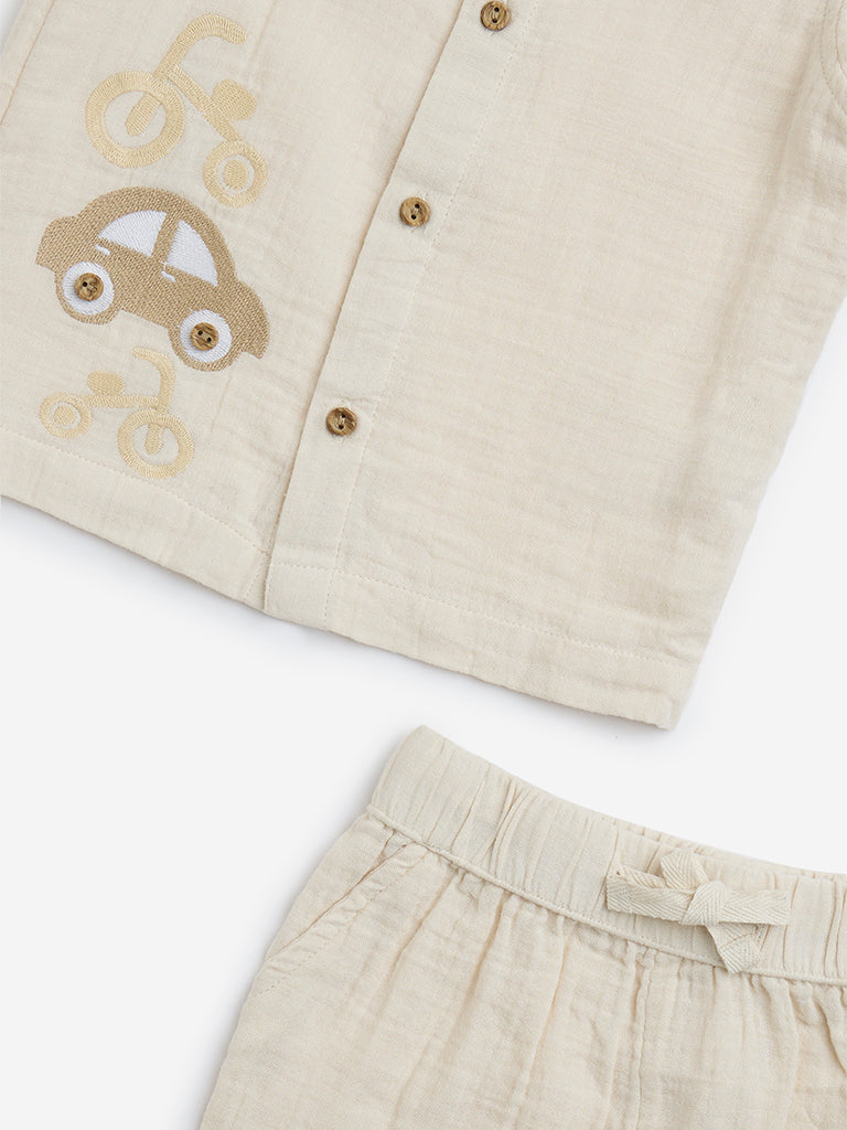 HOP Baby Beige Embroidered Cotton Shirt and Shorts Set - Image 3