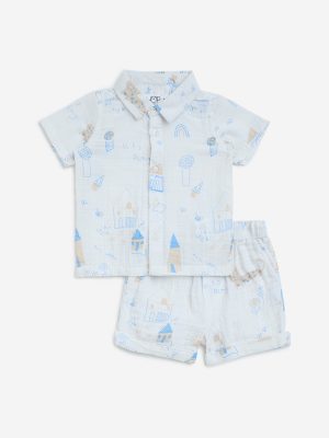 HOP Baby White Printed Cotton Shirt with Shorts Set