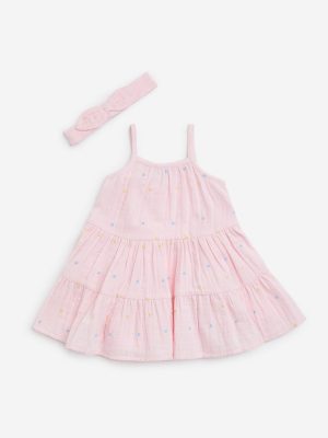HOP Baby Pink Embroidered Cotton A-Line Dress with Headband