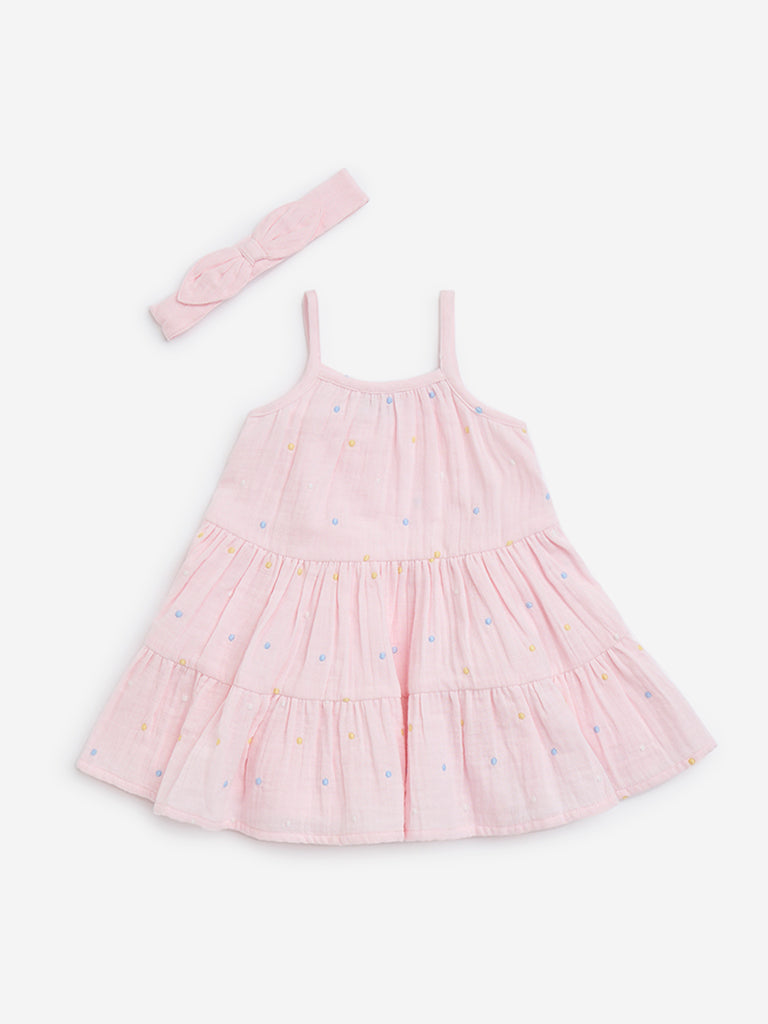 HOP Baby Pink Embroidered Cotton A-Line Dress with Headband