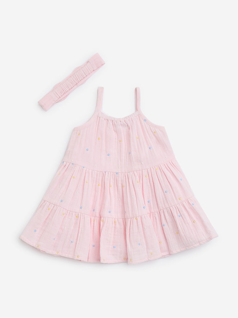 HOP Baby Pink Embroidered Cotton A-Line Dress with Headband - Image 2