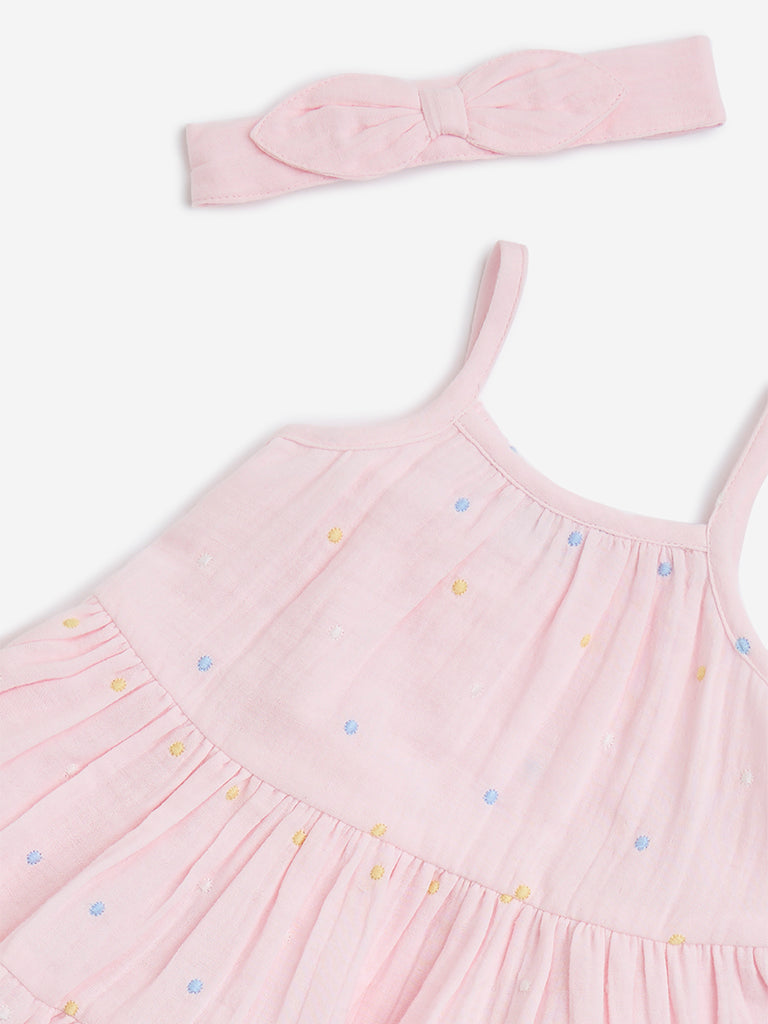 HOP Baby Pink Embroidered Cotton A-Line Dress with Headband - Image 3