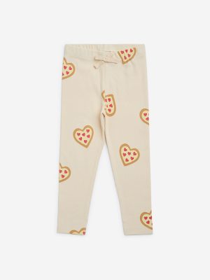 HOP Kids Beige Heart Print High-Rise Cotton-Blend Leggings
