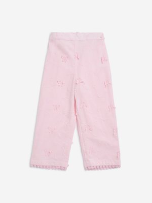 HOP Kids Light Pink Embroidered High-Rise Cotton Pants