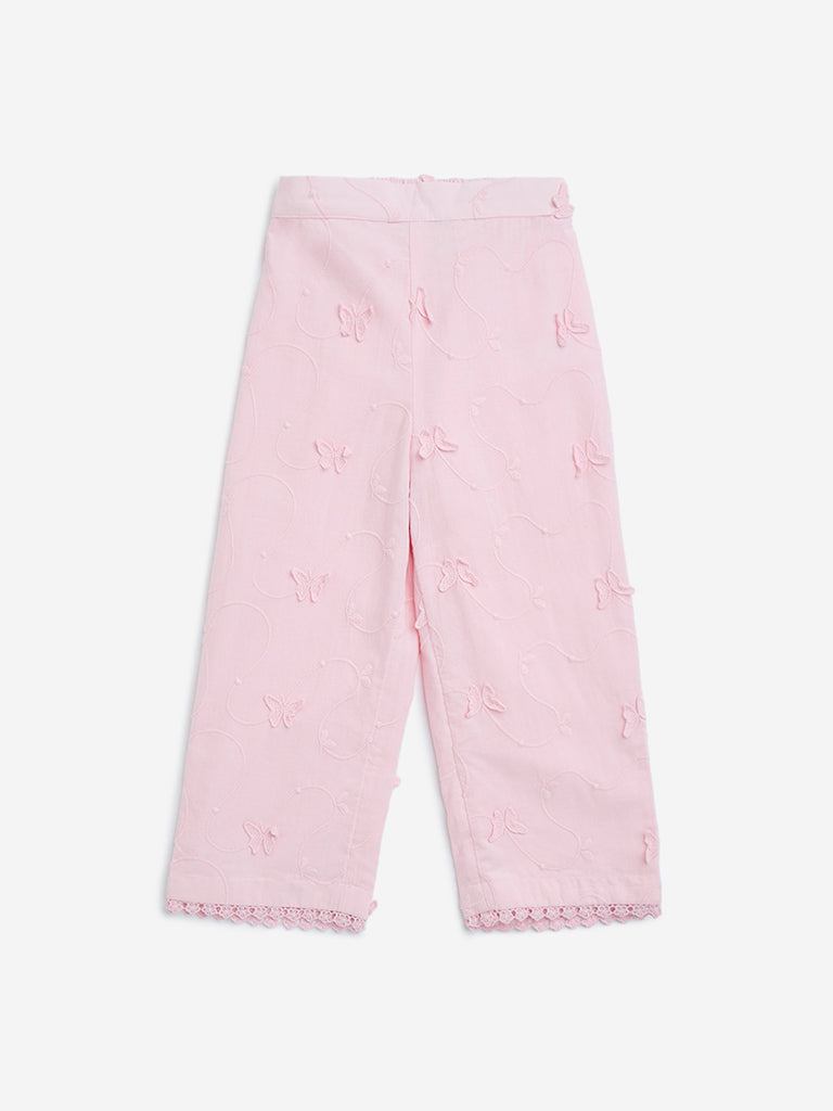 HOP Kids Light Pink Embroidered High-Rise Cotton Pants