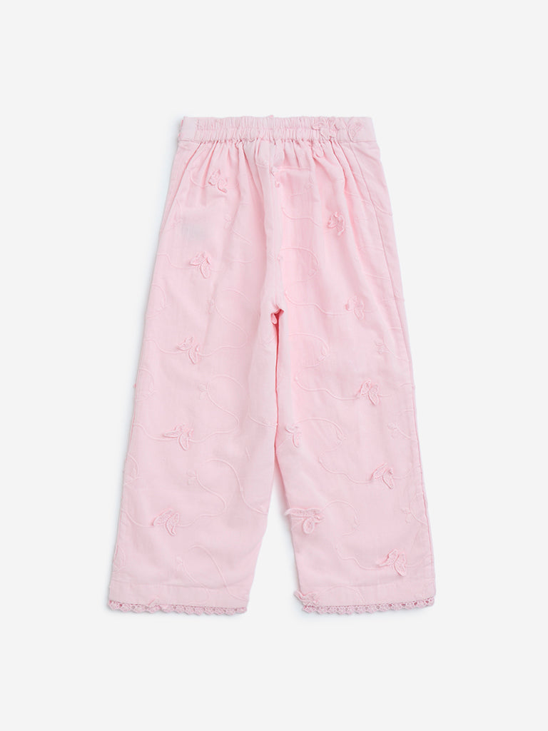 HOP Kids Light Pink Embroidered High-Rise Cotton Pants - Image 2