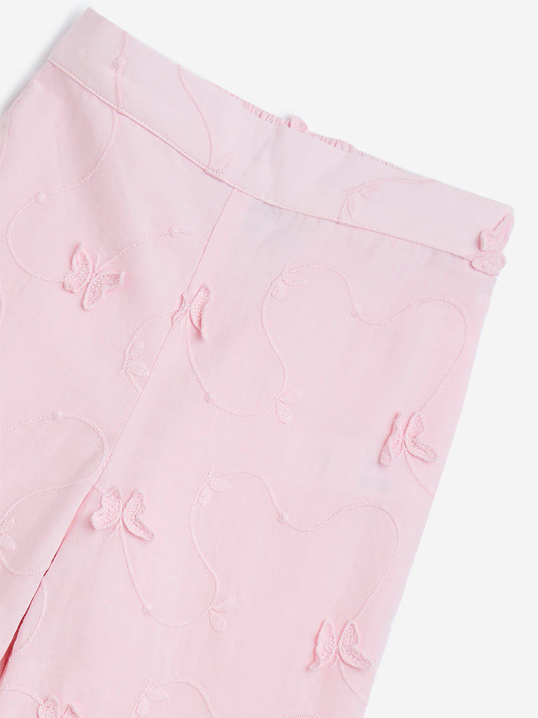 HOP Kids Light Pink Embroidered High-Rise Cotton Pants - Image 3