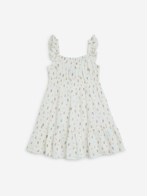 HOP Kids Beige Floral Design Tiered Cotton Dress