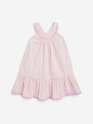HOP Kids Pink Checkered Cotton A-Line Dress