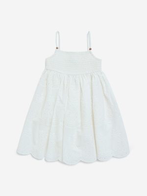 HOP Kids White Schiffli Detailed Cotton A-Line Dress