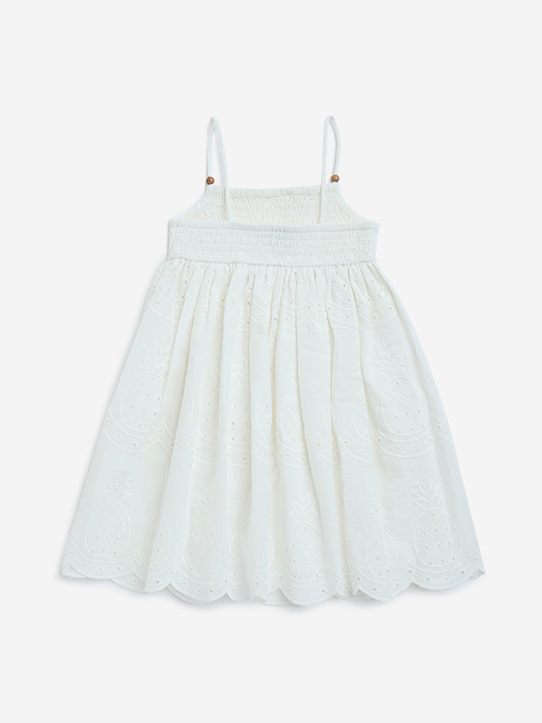 HOP Kids White Schiffli Detailed Cotton A-Line Dress - Image 2