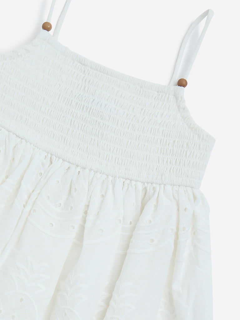 HOP Kids White Schiffli Detailed Cotton A-Line Dress - Image 3