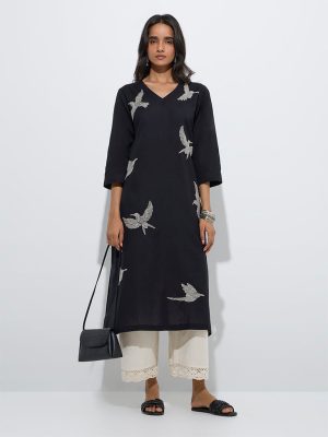 Utsa Black Bird Pattern Cotton-Blend A-Line Kurta