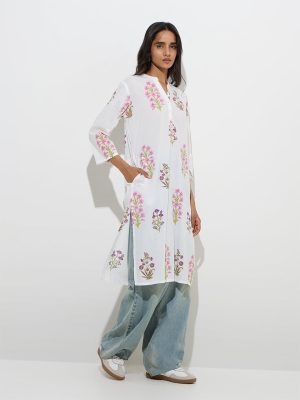 Utsa White Floral Design Straight Cotton Kurta