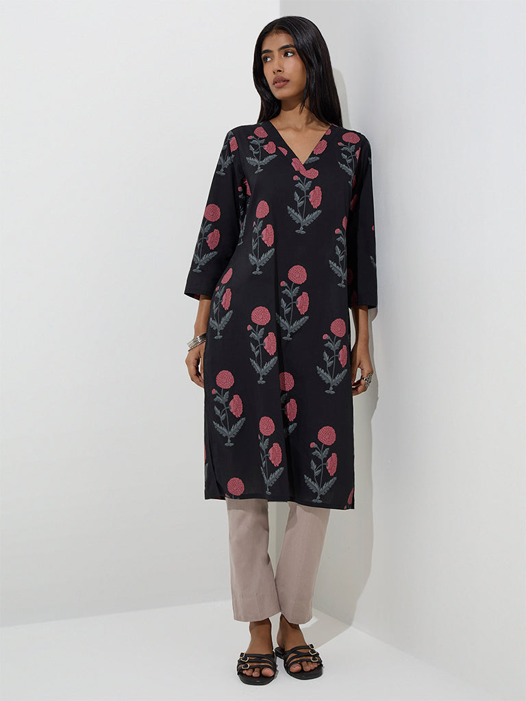 Utsa Black Floral Printed Cotton Straight Kurta - Image 2