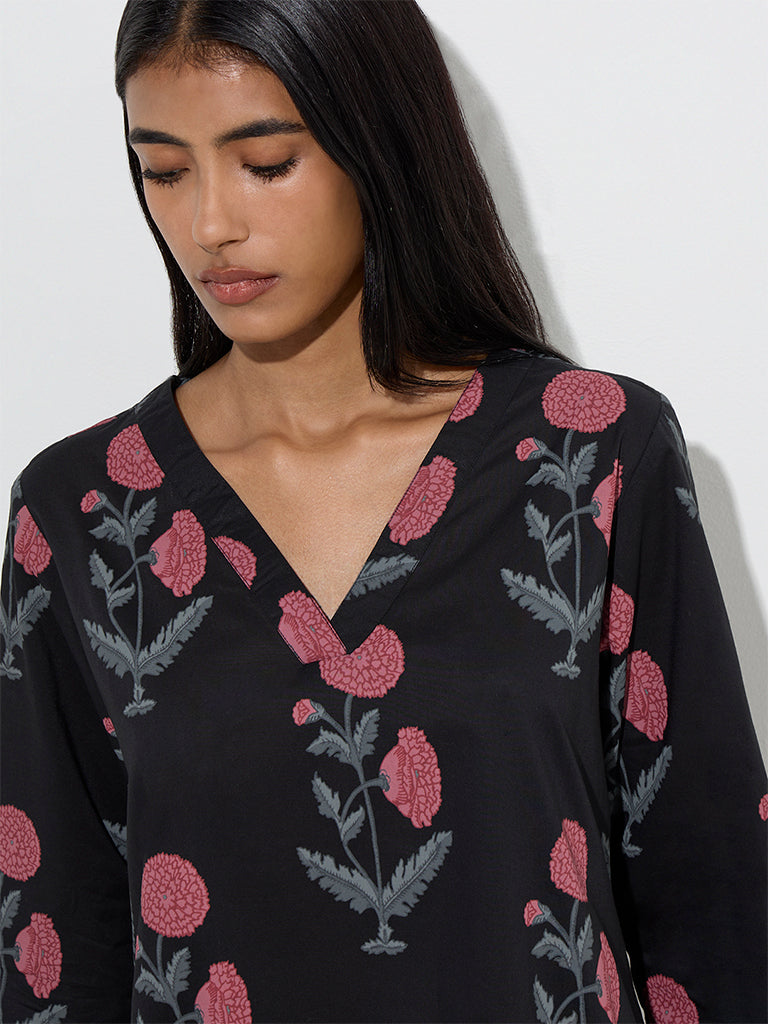 Utsa Black Floral Printed Cotton Straight Kurta - Image 3