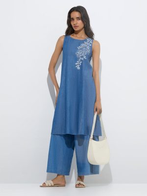 Utsa Blue Floral Embroidered Denim A-Line Kurta
