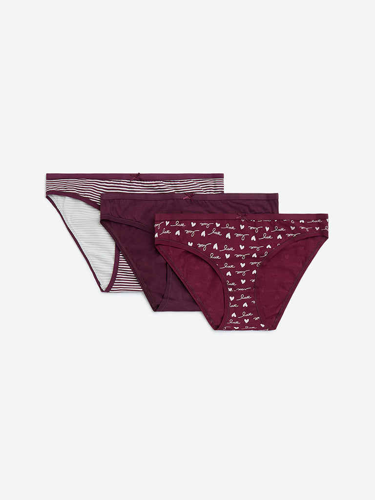 Wunderlove Wine Cotton-Blend Bikini Briefs - Pack of 3