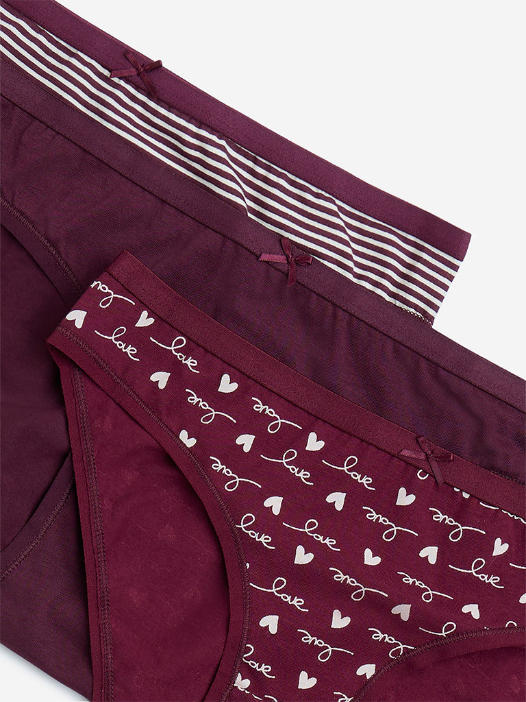 Wunderlove Wine Cotton-Blend Bikini Briefs - Pack of 3 - Image 2