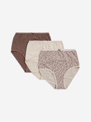 Wunderlove Taupe Print Cotton-Blend Full Briefs - Pack of 3
