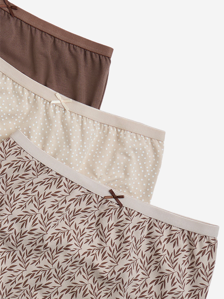 Wunderlove Taupe Printed Cotton-Blend Full Briefs - Pack of 3 - Image 6