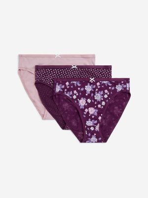 Wunderlove Purple Hi-Leg Cotton-Blend Briefs - Pack of 3