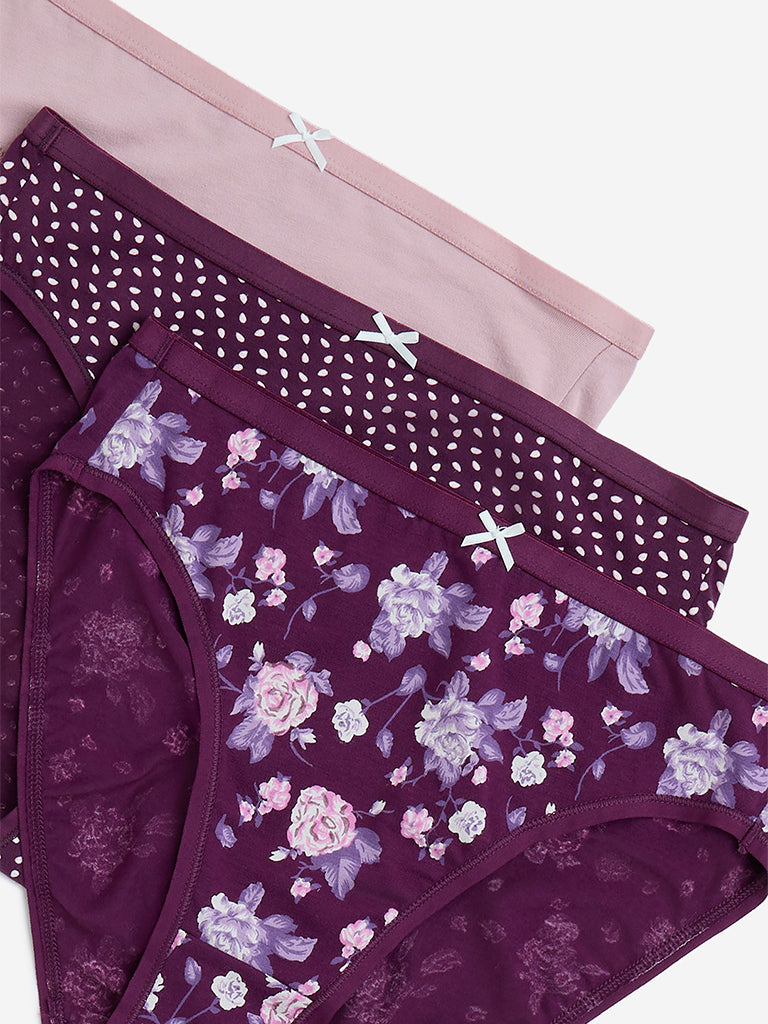 Wunderlove Purple Hi-Leg Cotton-Blend Briefs - Pack of 3 - Image 2