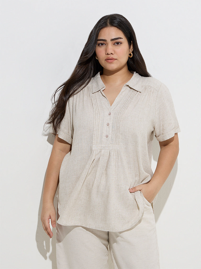Gia Beige Pintuck-Detailed Linen-Blend Blouse