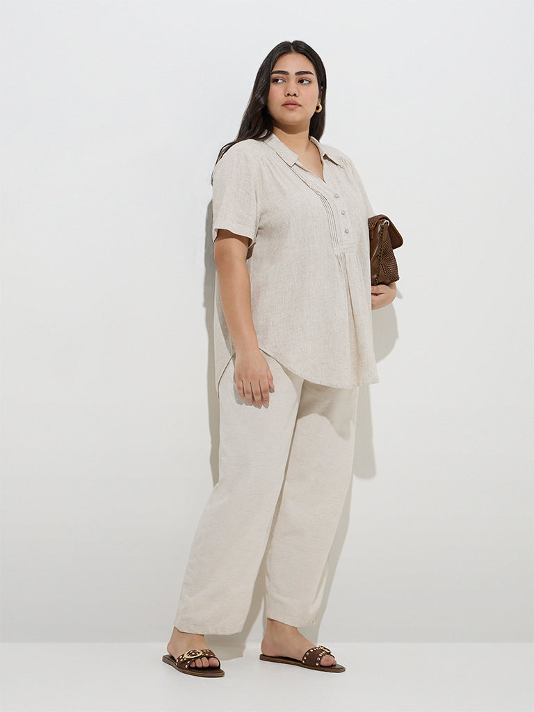 Gia Beige Pintuck-Detailed Linen-Blend Blouse - Image 2