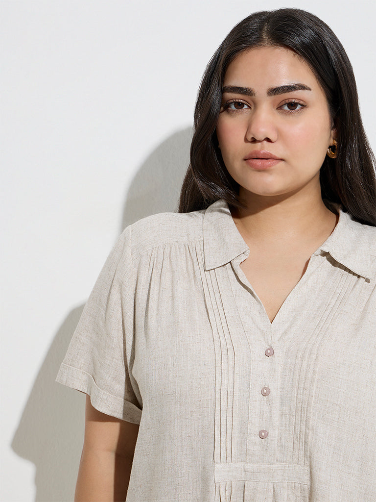 Gia Beige Pintuck-Detailed Linen-Blend Blouse - Image 3