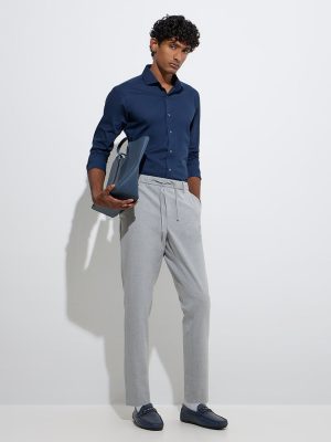 WES Formals Grey Self-Striped Slim-Fit Mid-Rise Trousers