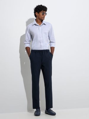 WES Formals Navy Self Slim-Fit Fit Mid-Rise Trousers