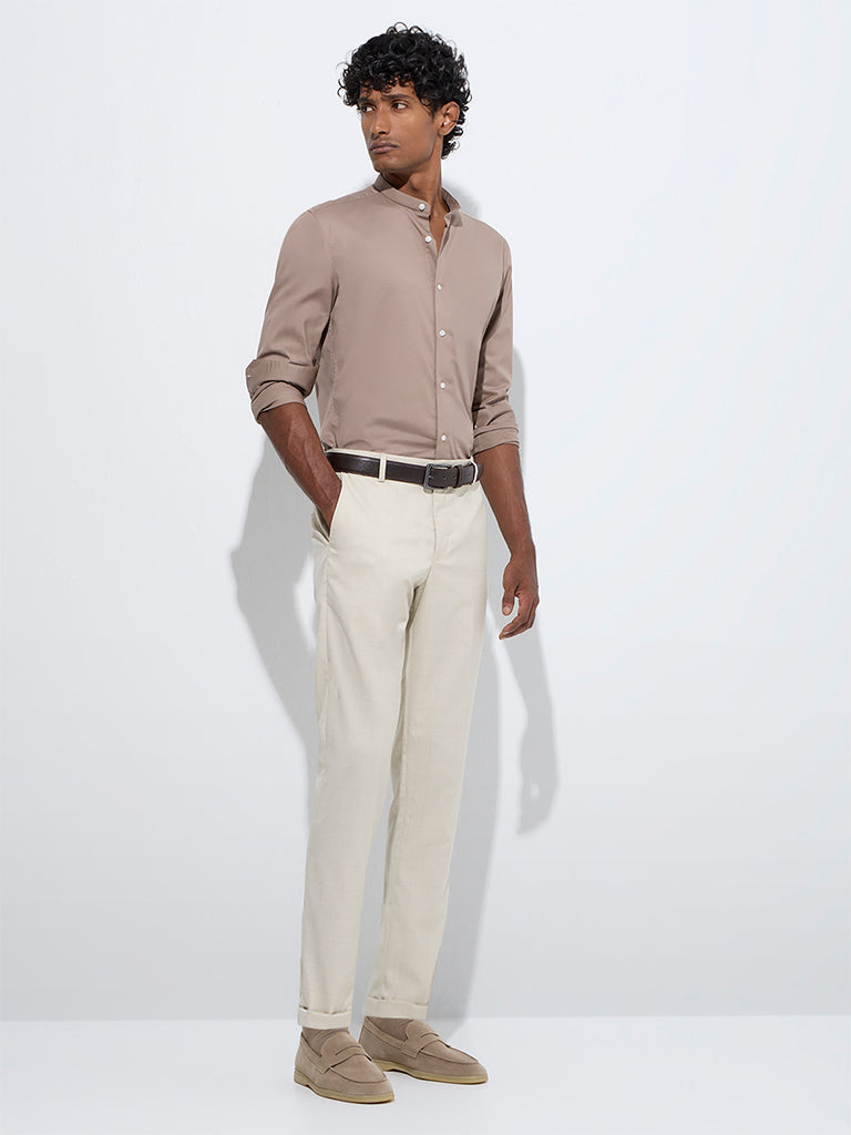 WES Formals Beige Checkered Relaxed-Fit Mid-Rise Trousers