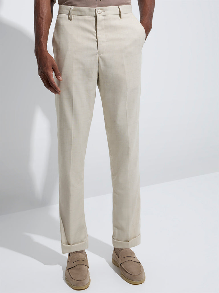 WES Formals Beige Checkered Relaxed-Fit Mid-Rise Trousers - Image 2