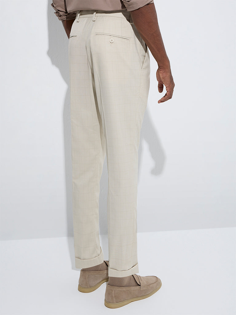 WES Formals Beige Checkered Relaxed-Fit Mid-Rise Trousers - Image 4