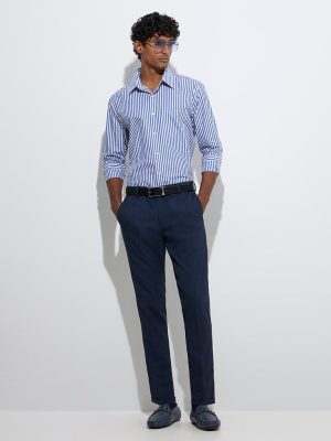 WES Formals Navy Checkered Relaxed-Fit Mid-Rise Trousers